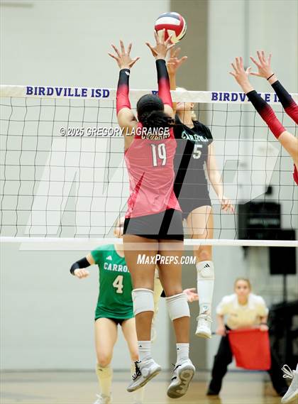 Thumbnail 1 in Tomball vs Southlake Carroll (UIL 6A Volleyball State Semifinals Division 2) photogallery.