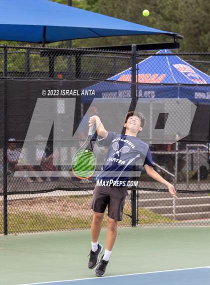 Thumbnail 2 in  Community School of Davidson vs. Raleigh Charter (NCHSAA 2A Men's Tennis Individuals Doubles State Championships - Finals) photogallery.