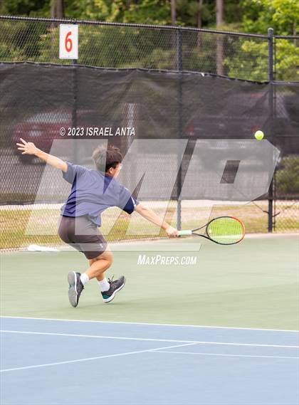 Thumbnail 3 in  Community School of Davidson vs. Raleigh Charter (NCHSAA 2A Men's Tennis Individuals Doubles State Championships - Finals) photogallery.
