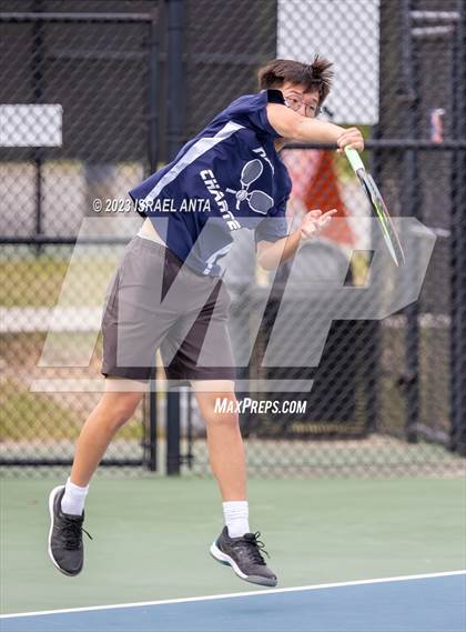 Thumbnail 1 in  Community School of Davidson vs. Raleigh Charter (NCHSAA 2A Men's Tennis Individuals Doubles State Championships - Finals) photogallery.