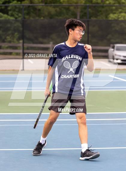 Thumbnail 1 in  Community School of Davidson vs. Raleigh Charter (NCHSAA 2A Men's Tennis Individuals Doubles State Championships - Finals) photogallery.