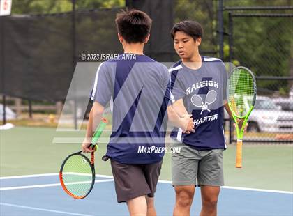 Thumbnail 3 in  Community School of Davidson vs. Raleigh Charter (NCHSAA 2A Men's Tennis Individuals Doubles State Championships - Finals) photogallery.