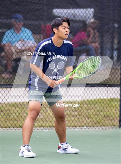 Thumbnail 1 in  Community School of Davidson vs. Raleigh Charter (NCHSAA 2A Men's Tennis Individuals Doubles State Championships - Finals) photogallery.