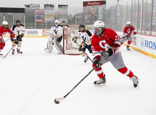 A Canandaigua player circles out from behind the goal line.