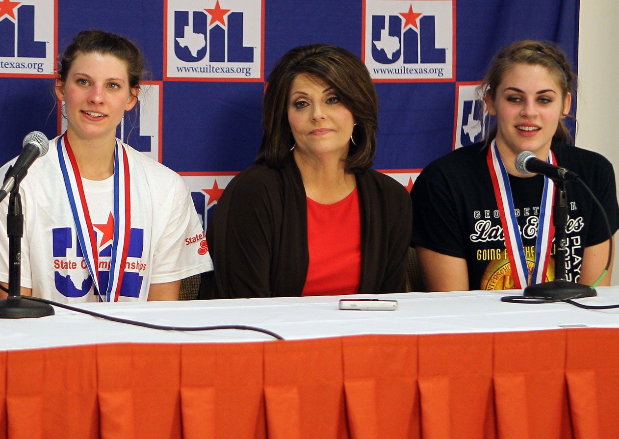 Georgetown (Texas) head coach Rhonda Farney, being interviewed here following a win in the 2013 Class 4A state championship game, is No. 2 on the active coaching wins list with 1,257. (Photo: Jim Redman)