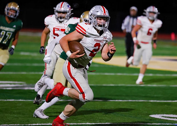 Pictured here during last year's section title game, senior quarterback Tanner Pidgeon has accounted for 1,008 yards and 24 touchdowns for unbeaten Ferndale. Defensively, he has contributed 22 tackles and five interceptions. (FILE PHOTO: Jim Malone)