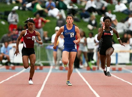Jenna Prandini (middle) is off and running and attempting to be first Central Section girl to win a state 100-meter title.