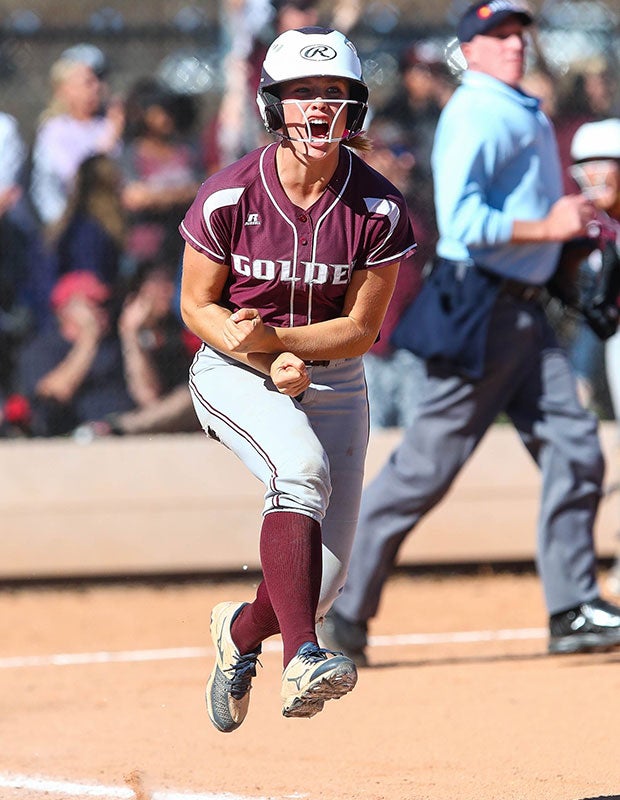 Makayla Middleton of Golden (Colo.) celebrates her first-inning home run against Erie in the CHSAA 4A championship game.