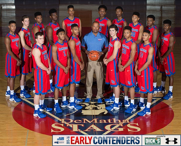 Head coach Mike Jones and his 2015-16 DeMatha basketball players 