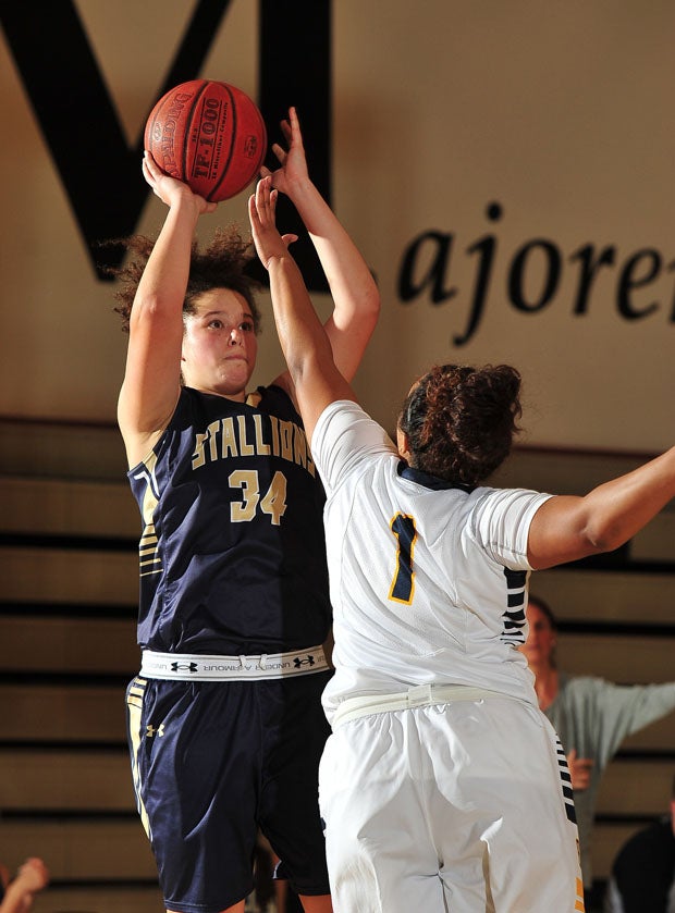 San Juan Hills senior Abby Conklin takes shot with strong defense from DeJah Rogers. 