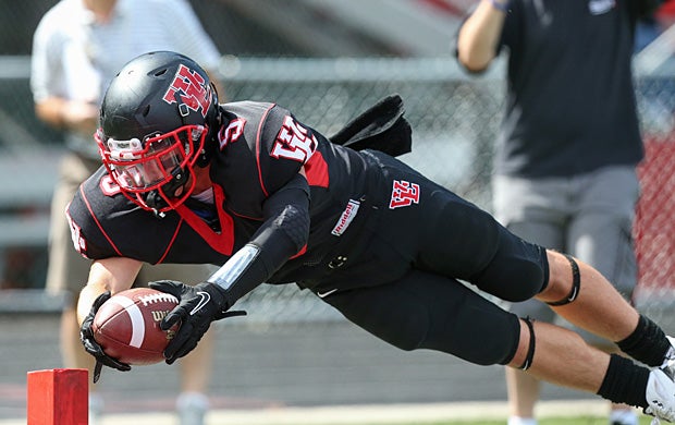 Dominic Magliaro of West Essex (North Caldwell, N.J.) dives for a touchdown.