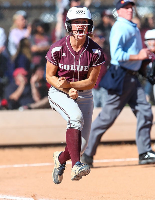 Makayla Middleton of Golden (Colo.) celebrates her first-inning home run against Erie in the CHSAA 4A championship game.