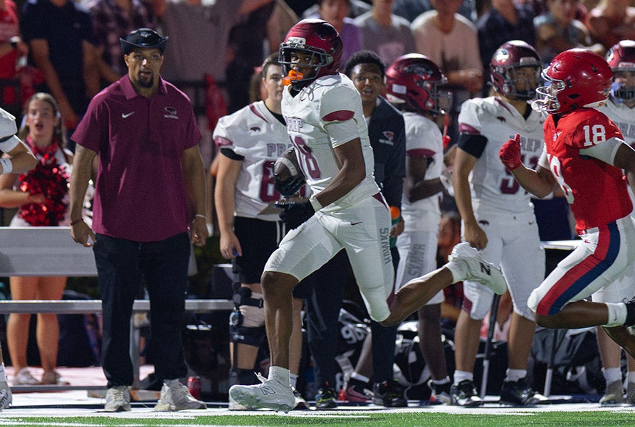 Jett Harrison sprints up the sideline on one of his two first-half touchdowns Friday night against Brentwood Academy in the MaxPreps Game of the Week. (PHOTO: Theo Bryson)