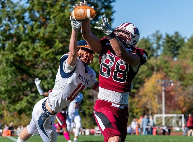 Milton Academy's Ben Waterman makes a great play in the endzone denying Governor's Academy's Holden Symonds of a catch. (Photo: Dave Arnold)