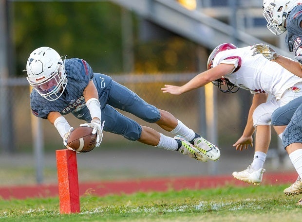 A Central Valley junior varsity dives for the pylon in his Northern California game against rival West Valley. (Photo: Brian Wilkes)