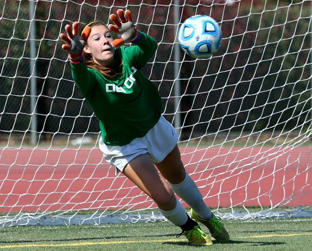 Del Oro (Calif.) goalie Ailey Collins stops a penalty kick in overtime to secure the victory over Rocklin in the CIF Sac-Joaquin Section Division 2 title game in May.
