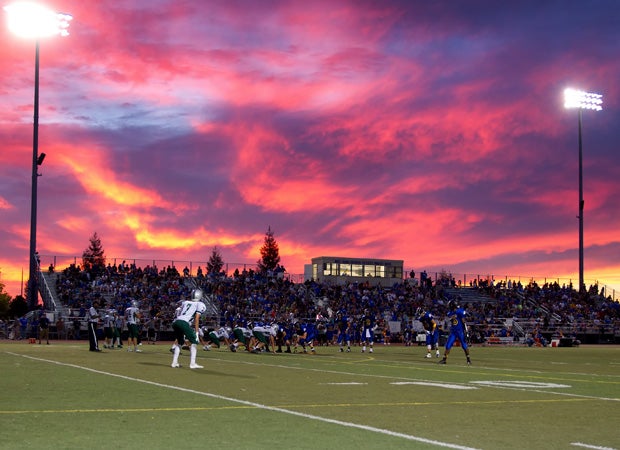 A fiery sunset was on display during the Ponderosa at Lincoln (Calif.) junior varsity football game last August.