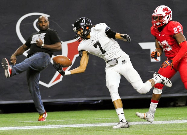 Steele (Texas) receiver Antoine Cox-Wesley makes a circus-like one-handed touchdown catch in the back of the end zone during an overtime loss to Katy in a semifinal game of the UIL 6A Division 2 playoffs held at NRG Stadium in December.