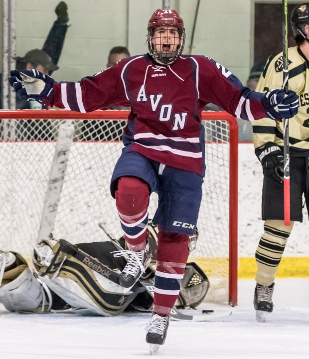 Avon Old Farms' (Conn.) Chase Zieky celebrates scoring a goal during a hockey game against Westminster in January.