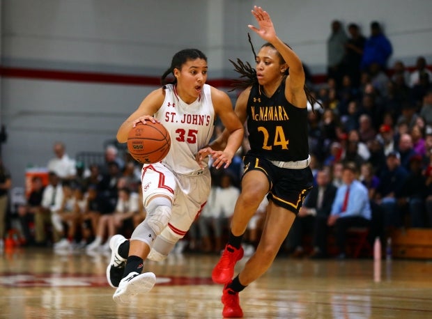 Azzi Fudd drives the ball Saturday for St. John's in a win over Bishop McNamara.