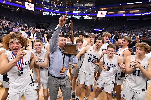 Tim Keating and Pleasant Valley celebrate their CIF Division III title Friday at Golden 1 Center in Sacramento. The Vikings erased a 10-0 hole at the start of the game to beat Venice 57-53.