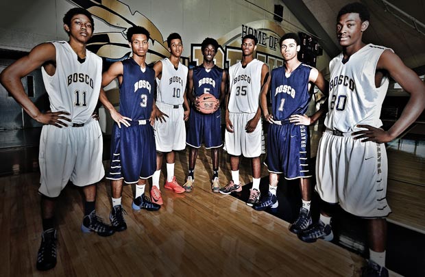 St. John Bosco is loaded with talent and leading the way are players (left to right): Rodney Henderson, Lorne Currie, Vance Jackson, Daniel Hamilton, Billy Preston, Tyler Dorsey and Joseph Tate.     