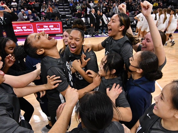 Sierra Canyon players celebrate their 85-61 win over Archbishop Mitty on Saturday in the CIF Open Division championship at Golden 1 Center.