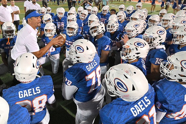 Brent Browner addresses his Bishop Gorman team after beating Saint Louis.