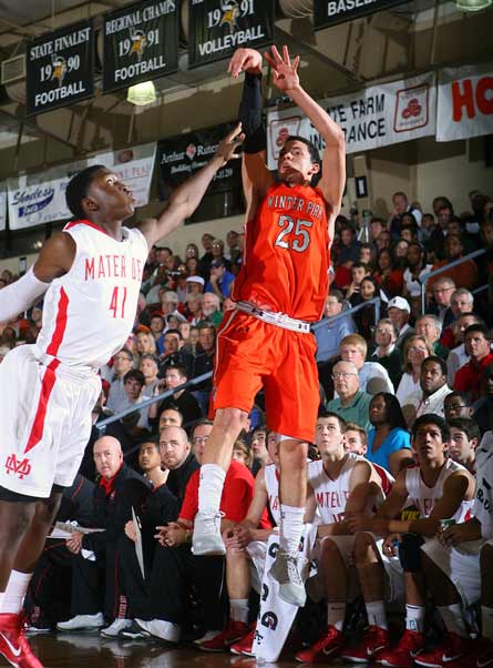 In front of a packed house at Bishop Verot High School in Fort Myers, Fla., and a national television audience, Rivers unloads from the corner during the third-place game at the City of Palms Classic.