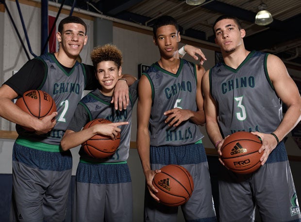 From left to right, senior point guard Lonzo Ball, his freshman brother LaMelo Ball, sophomore cousin Andre Ball and junior brother LiAngelo Ball. 