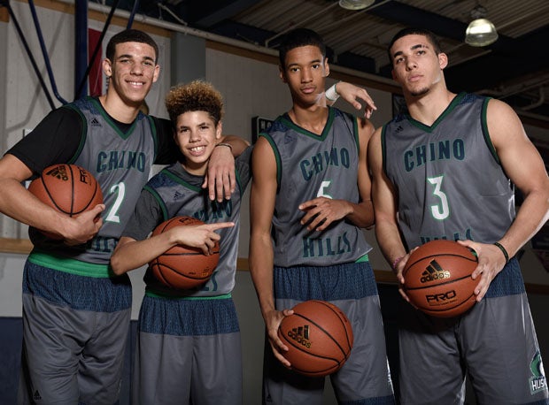 From left to right, senior point guard Lonzo Ball, his freshman brother LaMelo Ball, sophomore cousin Andre Ball and junior brother LiAngelo Ball.