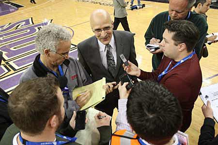 De La Salle coach Frank Allocco tries to explain his team's stunning upset to reporters after the game. 