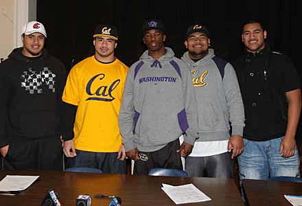 From left to right: Grant signees Darryl Paulo (Washington State), Puka Lopa (Cal), James Sample (Washington), Viliami Moala (Cal), Filipo Sau (Snow College).