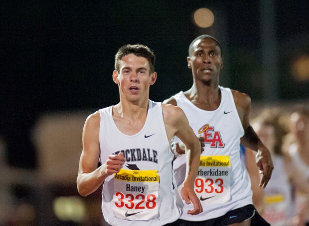 Stockdale (Bakersfield, Calif.) distance runner Blake Haney and Cerake Geberkidane, of Denver East (Colo.), battle for position at the Arcadia Invitational earlier this season. Haney has the nation's top 3,200 time and Geberkidane is No. 4. Haney looks to improve his time this weekend at the CIF California State Championships in Clovis. 