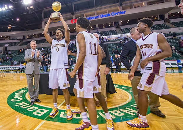 St. Anthony players celebrate the school's last NJSIAA Tournament of Champions title in 2016. The Friars won 28 state championships under head coach Bob Hurley prior to the school closing in 2017. (PHOTO: John Jones)