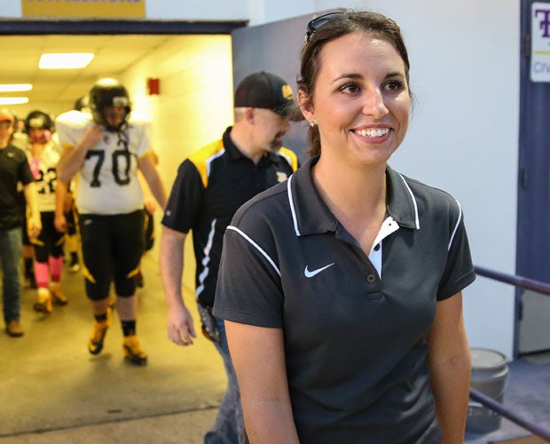 Pickett County head coach Brittney Garner leads her team from the locker room during Friday night's game against Monterey at Tennessee Tech.