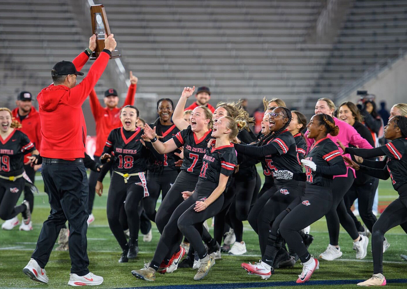 Central celebrates its third straight Alabama flag football state title on Wednesday. The Red Devils beat Vestavia Hills 46-7 and ran their nation-best win streak to 57 games. (PHOTO: Adam Sparks/The Opelika-Auburn News)