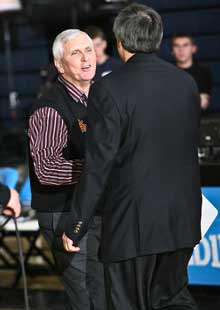 Hurley greets Bob Cimmino of Mount Vernon at the SNY Invitational.
