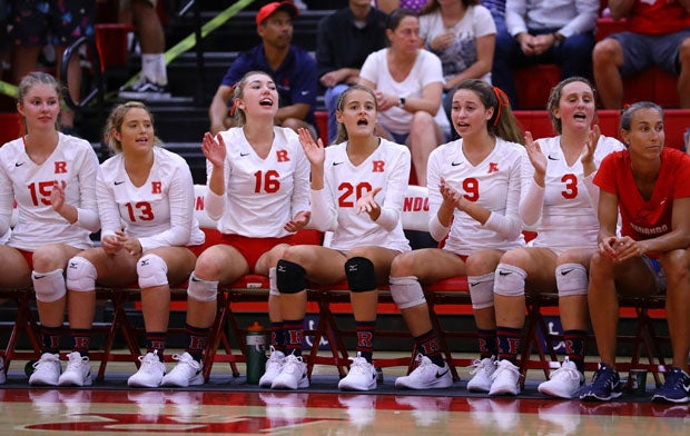 Redondo Union girls volleyball team during its five-game win over Mater Dei earlier this season.