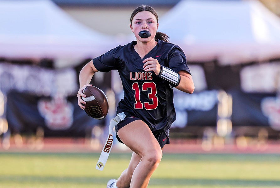 Sophomore quarterback Kate Meier and the top-ranked JSerra Catholic flag football team reached 50 straight wins Tuesday with a 40-12 victory over No. 15 Mater Dei. (FILE PHOTO: John Luciano)