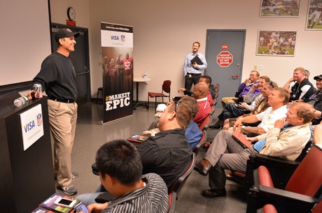 Jim Harbaugh was all business most of the 45-minute session, but did offer some lighter moments.