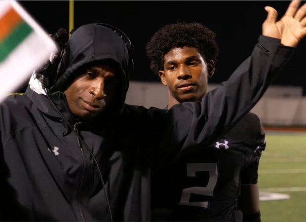 Deion Sanders (left) and Shedeur Sanders tell it like it is on the sideline.