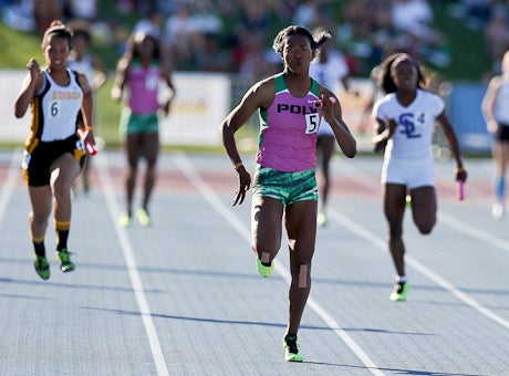 Long Beach Poly's 4x100 relay team of Jade Lewis, Maya Perkins, Diamond Thomas and Ariana Washington set the tone in day's first running event at the California State Track and Field Championships. Poly ran the fastest girls time in the nation this year.
