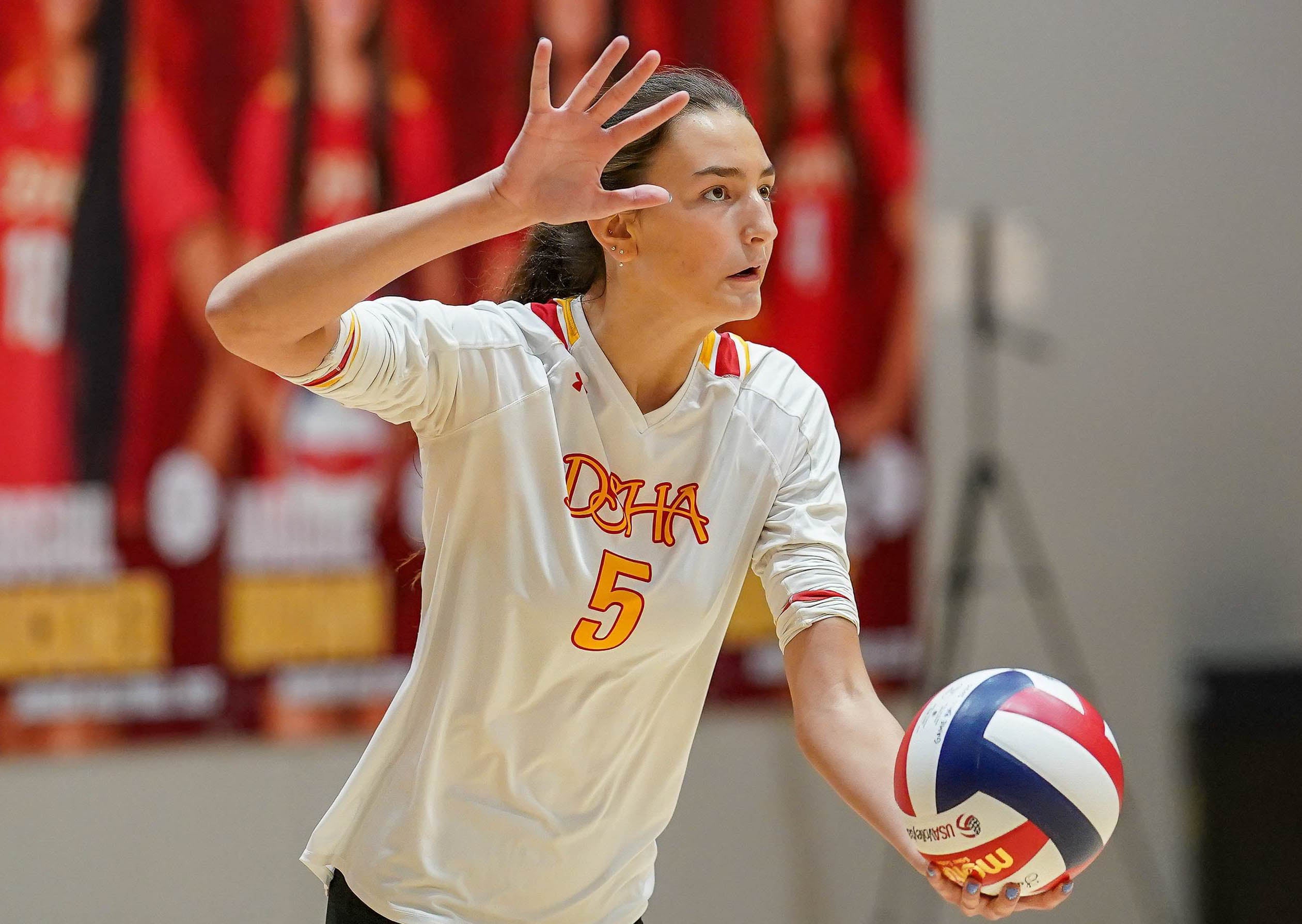 Sophomore Tegan Loechler of No. 24 Divine Savior Holy Angels is second on team in kills with 208. The Dashers are 31-3 on the season but coming off a pair of losses at the McAuley Asics Challenge. (PHOTO: David Feyen)