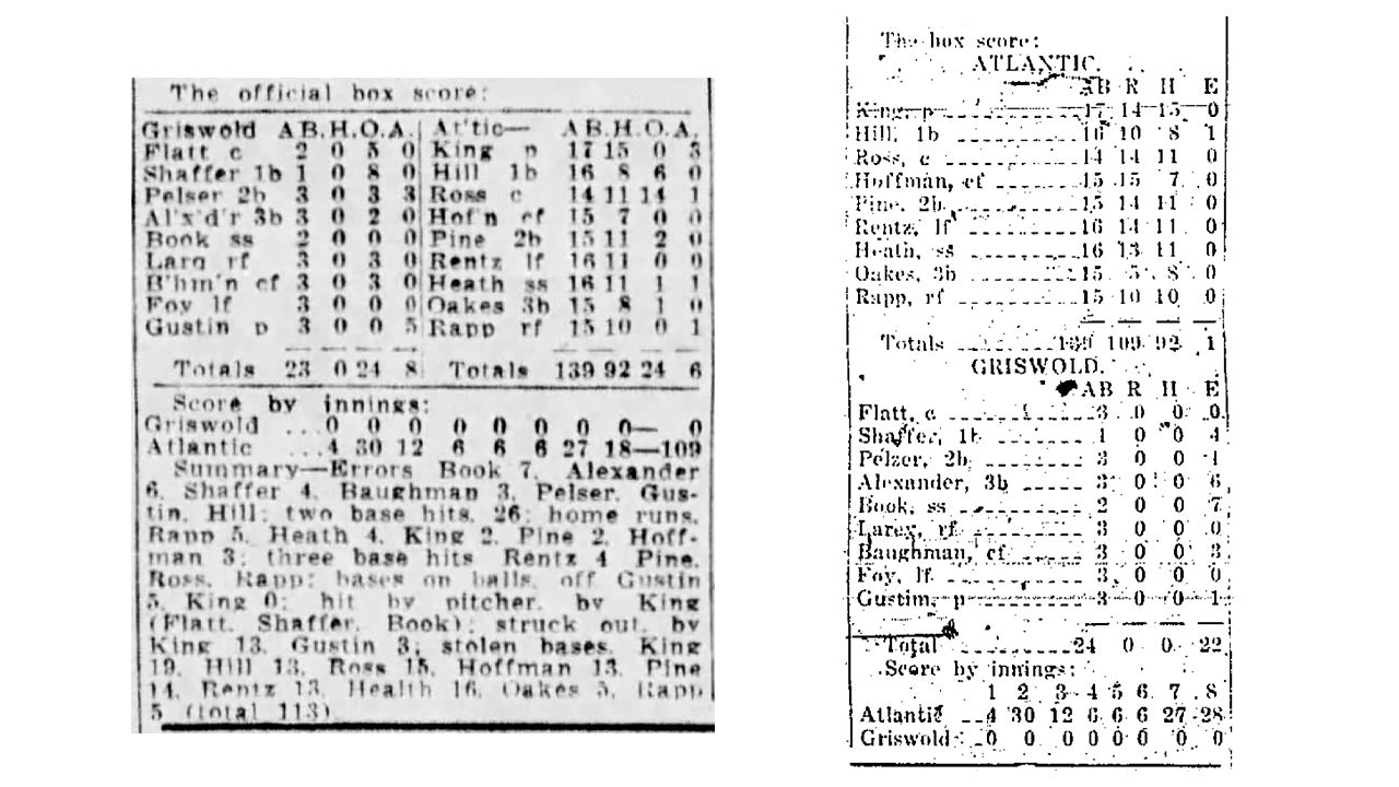 Boxes scores from the 1928 game show just how lopsided the game between Atlantic and Griswold was.