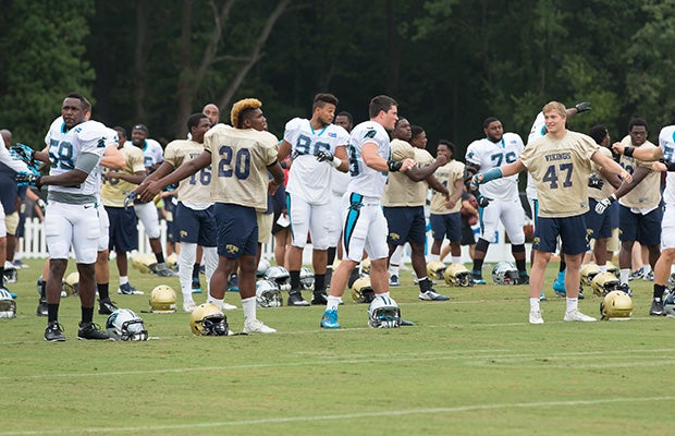 Spartanburg players work out with the Carolina Panthers at Wofford College on Thursday.