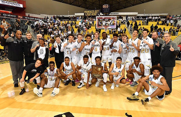 Bishop Montgomery celebrates winning the CIF SoCal Regional Open Division championship on Saturday night at Long Beach State.