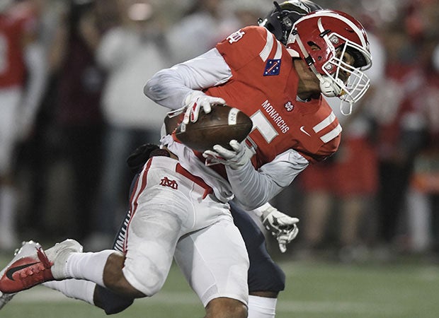 Mater Dei 5-star athlete Bru McCoy caught a first-half touchdown pass from 5-star quarterback Bryce Young. 