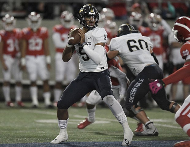 St. John Bosco junior quarterback D.J. Uiagalelei looks strong in the pocket during the first half Saturday when he threw four touchdown passes.  