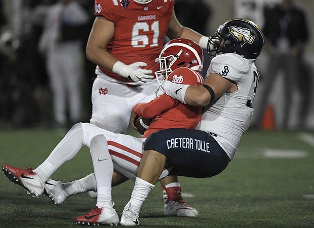 St. John Bosco defesnive tackle Sua'ava Poti sacks Mater Dei quarterback Bryce Young.